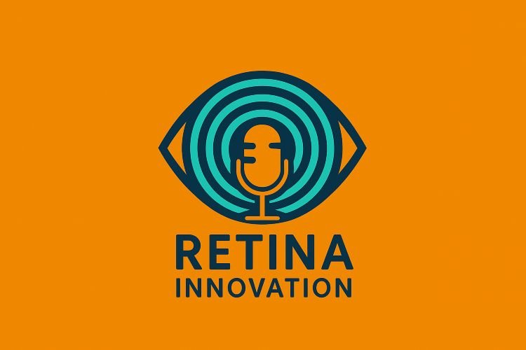 Logo von Retina Innovation: Ein stilisiertes Auge mit konzentrischen Kreisen in Blau- und Türkistönen aus dem Corporate Design von Retina plus. In der Mitte befindet sich ein orangefarbenes Mikrofonsymbol. Darunter der Schriftzug ‚RETINA INNOVATION‘, wobei ‚RETINA‘ dunkelblau und ‚INNOVATION‘ türkis dargestellt ist.