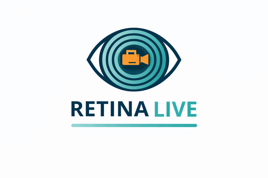 Symbolbild für den Podcast Retina Live, es zeigt auf weißem Hintergrund ein symbolisches Auge mit einer Kamera im Fokus. Darunter steht der Text RETINA LIVE